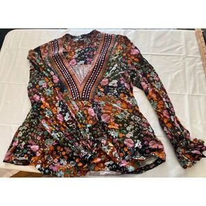 Blank London Floral V-Neck Embroidered Boho Blouse XS Multi Color Long Sleeve